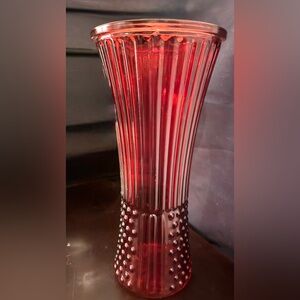 11.5” Tall Red Glass Flower Vase - alternating hobnail-striped glass.